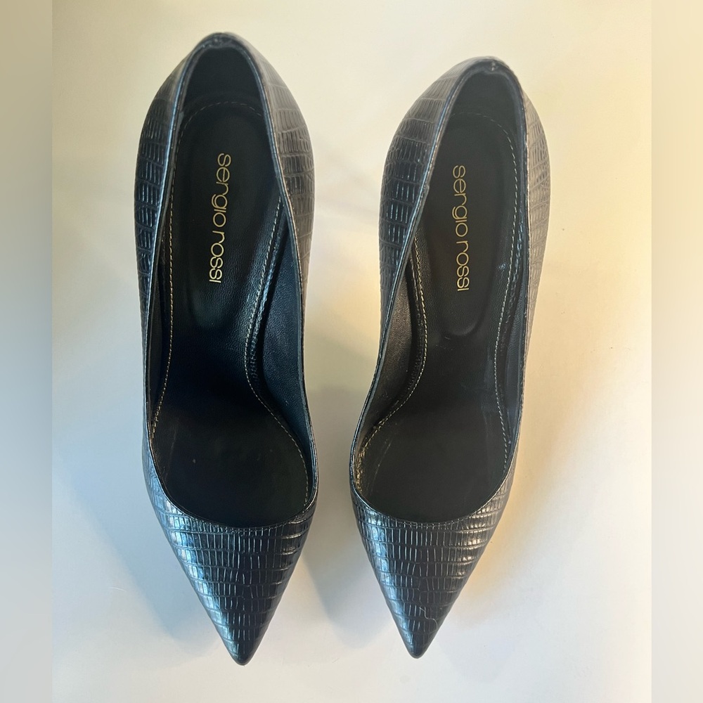 Sergio Rossi Black Reptile Print Leather Heels, Euro size 39